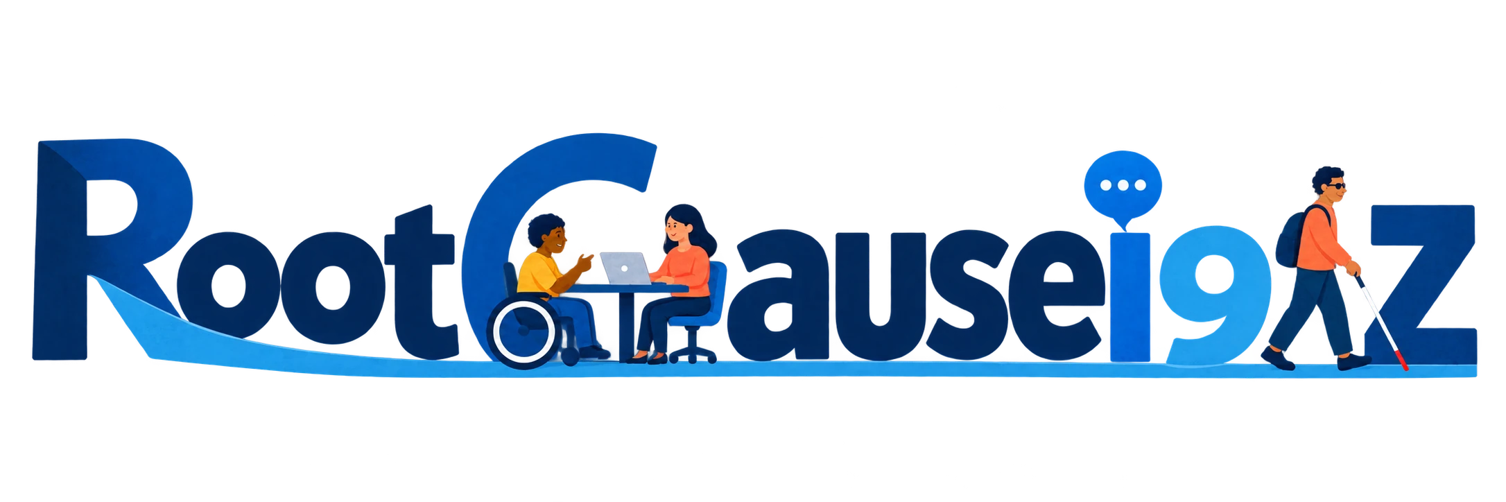 RootCausei9Z letters connected by a ramp, with colleagues at an accessible desk and a person using a white cane.