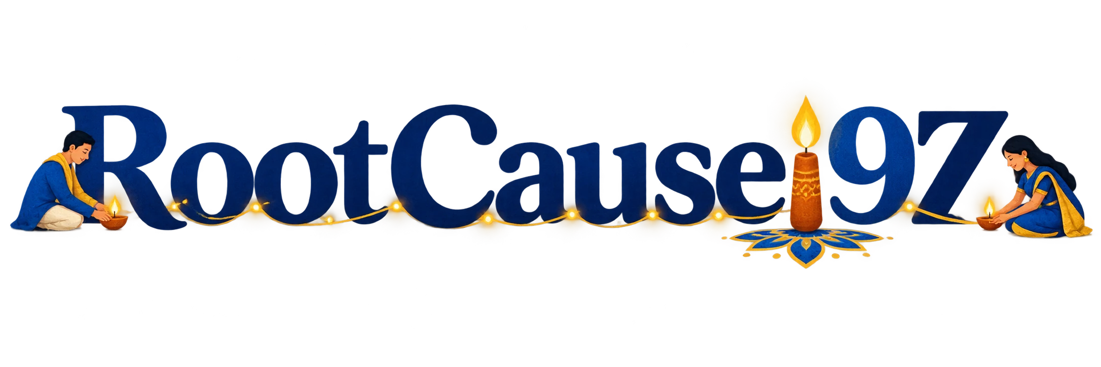 Indigo RootCausei9Z lettering with warm lamps, people sharing light, and a simple rangoli detail.