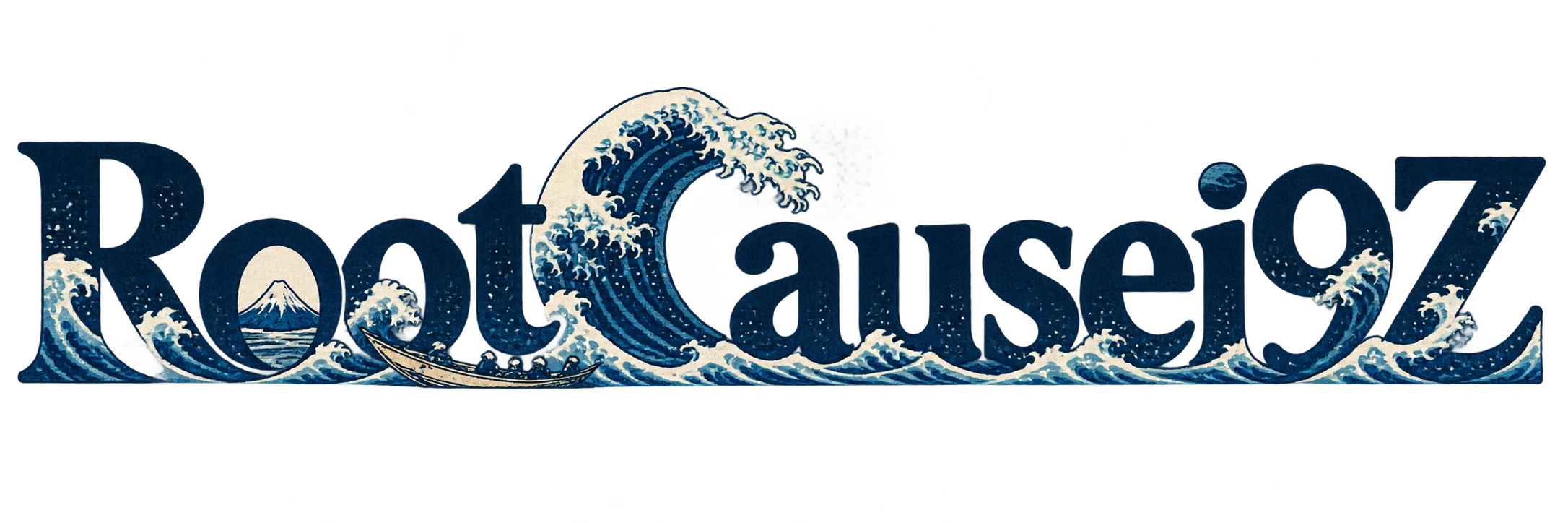 RootCausei9Z interpreted in indigo woodblock textures, with a breaking wave in C, Mount Fuji and a fishing boat.