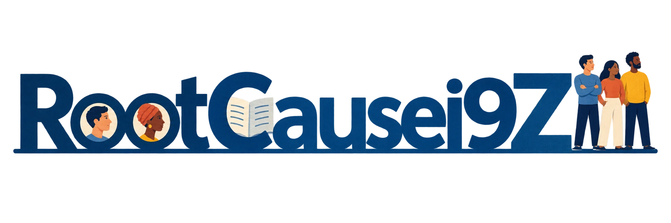 Navy RootCausei9Z lettering with diverse portraits, an open document and people standing together on an even baseline.