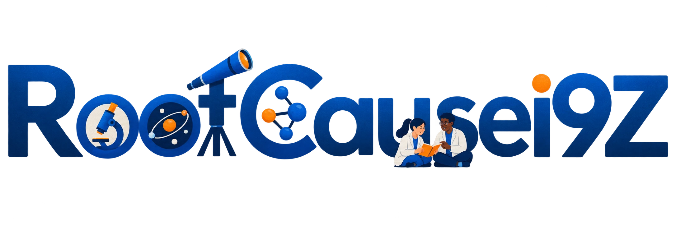 Blue RootCausei9Z wordmark with a microscope, telescope, molecular detail and two researchers sharing a notebook.