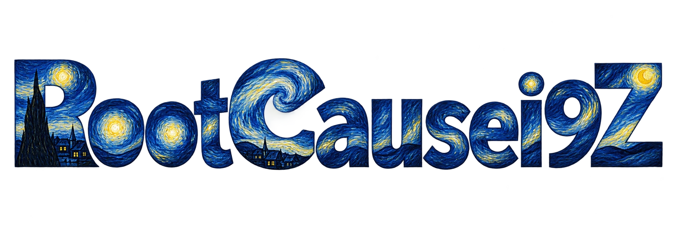 RootCausei9Z lettering filled with blue painted sky rhythms, yellow stars and a small cypress and village motif.